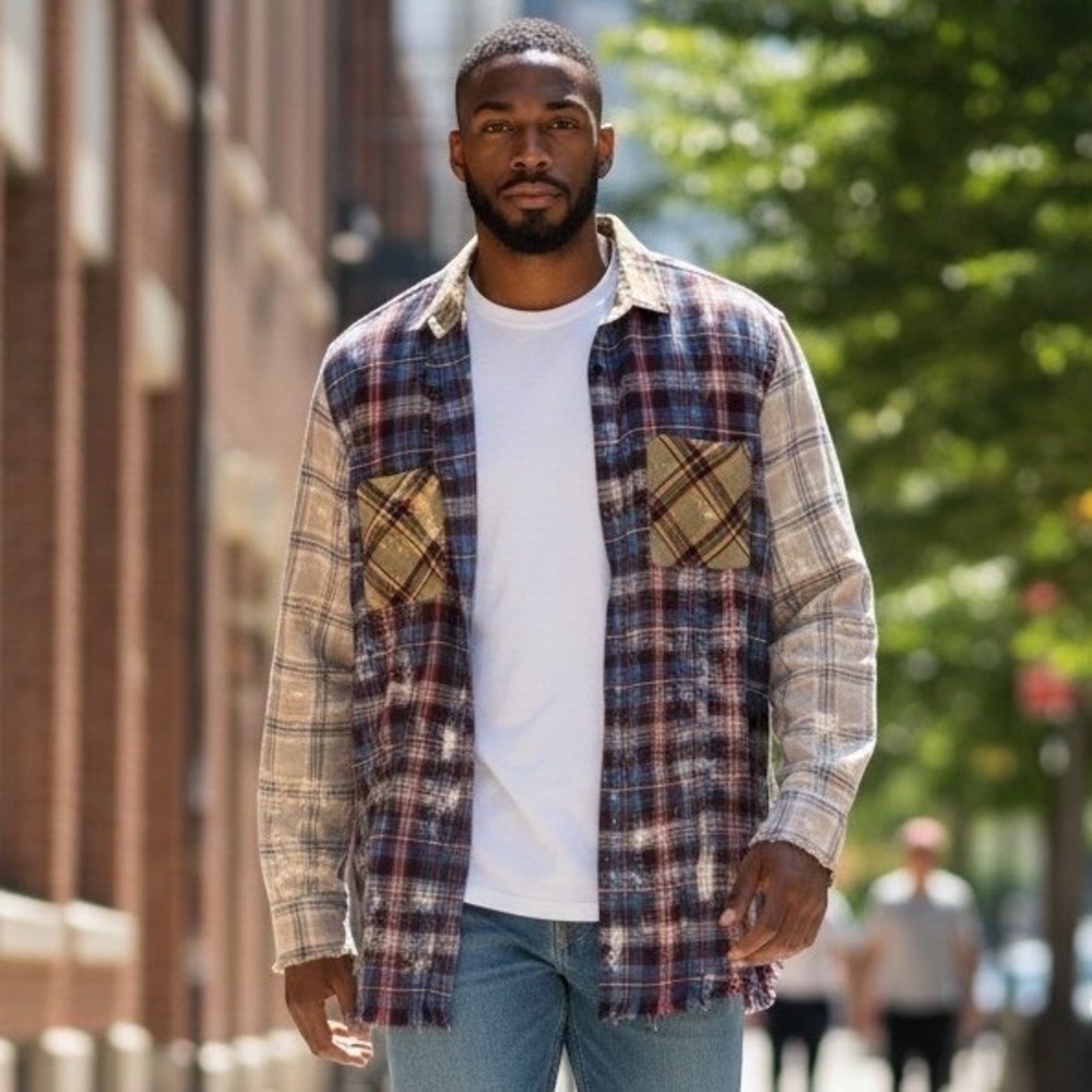 One24 Rags Mens XXXL Bleached Plaid Patchwork Flannel Shirt Frayed Hem Grunge